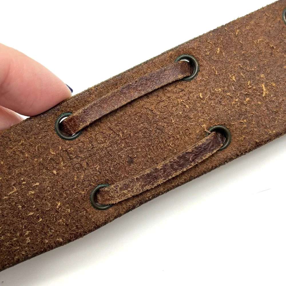 Vintage Y2K American Eagle Brown Leather X-laced Double Prong Belt M 32-36